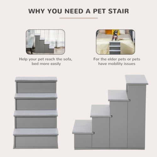 PawHut 4 Step Wooden Dog Steps Pet Stairs For Dogs, Cat Ladder For Bed Couch With Non-Slip Carpet 40 X 59 X 54.2 Cm, Grey