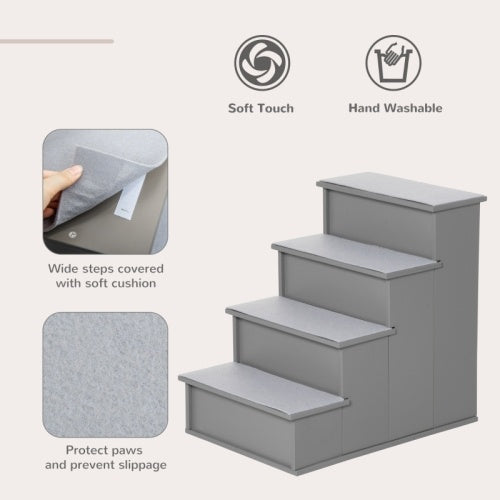 PawHut 4 Step Wooden Dog Steps Pet Stairs For Dogs, Cat Ladder For Bed Couch With Non-Slip Carpet 40 X 59 X 54.2 Cm, Grey