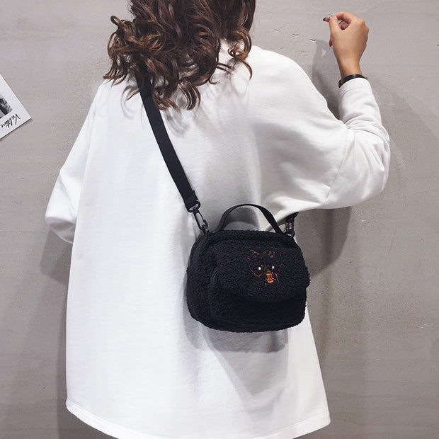 Women Mini Plush Shoulder Bag Female Small Canvas Cross Body Bags Ladies Embroidery Zipper Cloth Purse Mobile Phone Bag Tote