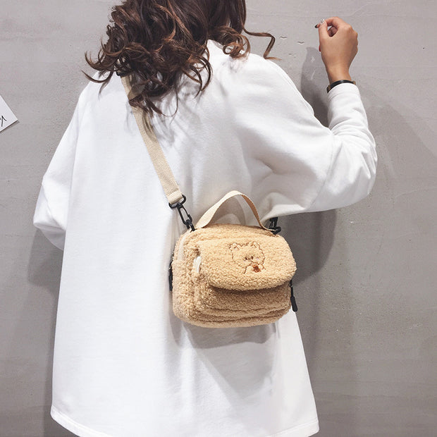 Women Mini Plush Shoulder Bag Female Small Canvas Cross Body Bags Ladies Embroidery Zipper Cloth Purse Mobile Phone Bag Tote