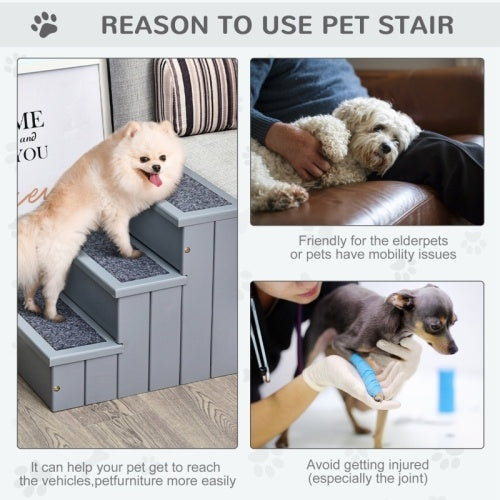 PawHut 3 Step Wooden Dog Steps Pet Stairs For Dogs, Cat Ladder For Bed Couch With Storage Grey