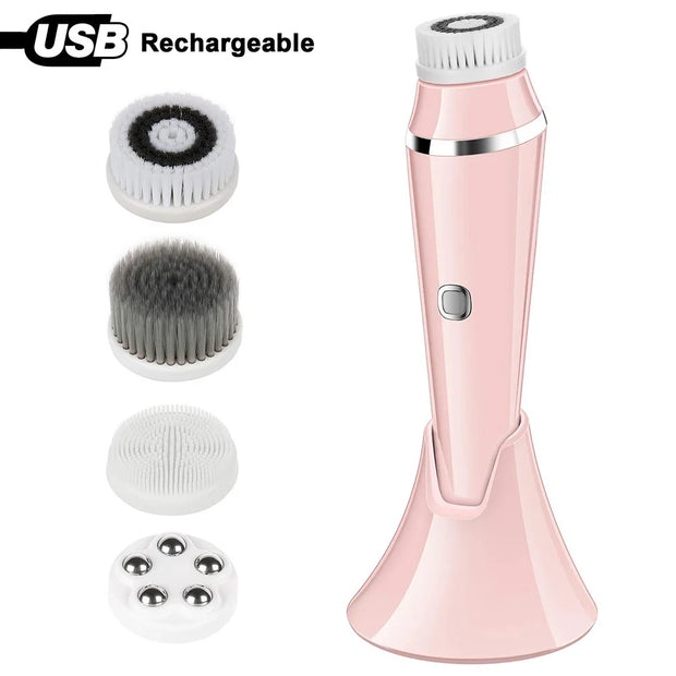 Facial Cleansing Brush Rechargeable Electric Spin Face Brush Waterproof Face Scrubber Massager with 4 Brush Heads Facial Machine