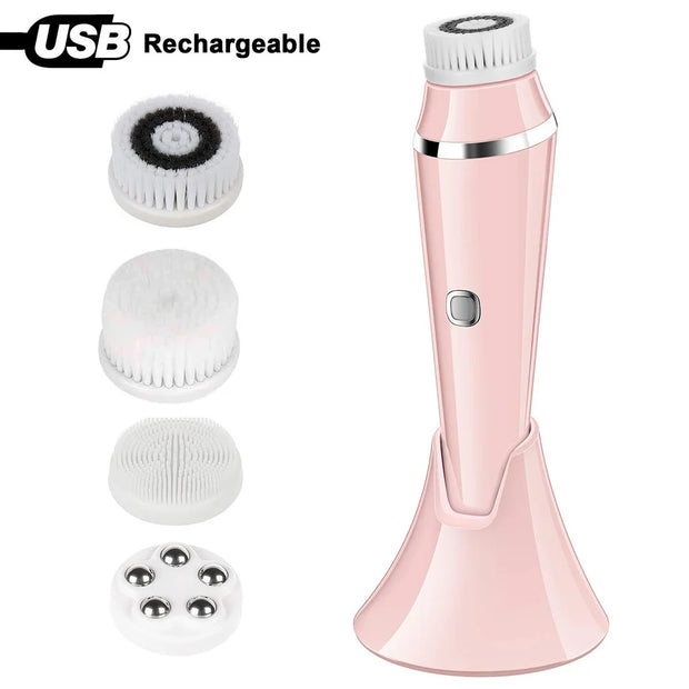 Facial Cleansing Brush Rechargeable Electric Spin Face Brush Waterproof Face Scrubber Massager with 4 Brush Heads Facial Machine