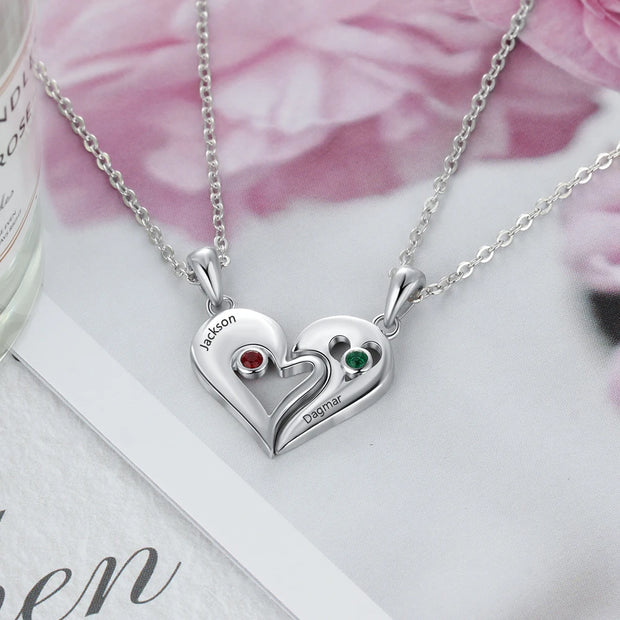 2 Pcs/ Set Merge Heart Shape Name Necklace Personalized Birthstone Silver Color Necklaces & Pendants Valentines Day Gift for Her