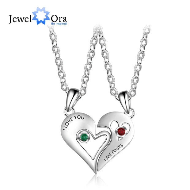 2 Pcs/ Set Merge Heart Shape Name Necklace Personalized Birthstone Silver Color Necklaces & Pendants Valentines Day Gift for Her