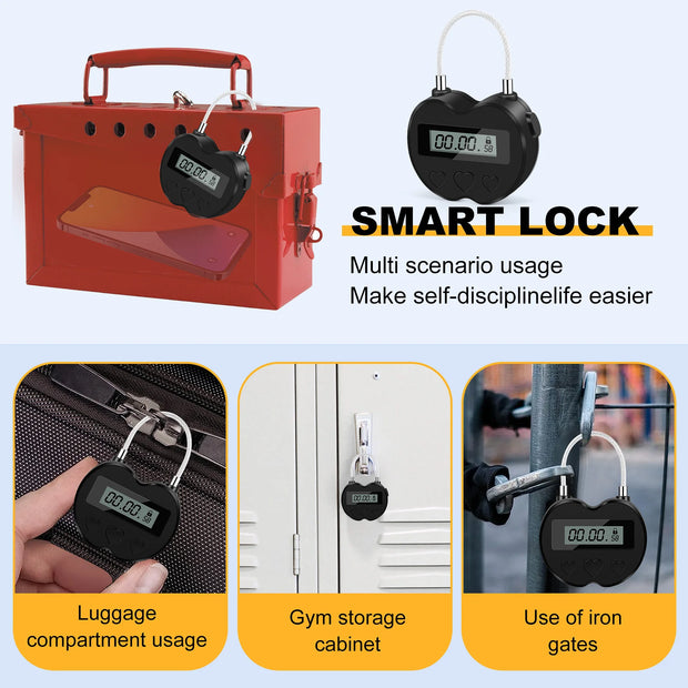 Smart Time Lock LCD Display Time Lock Multifunction Travel Electronic Timer, Waterproof USB Rechargeable Temporary Timer Padlock