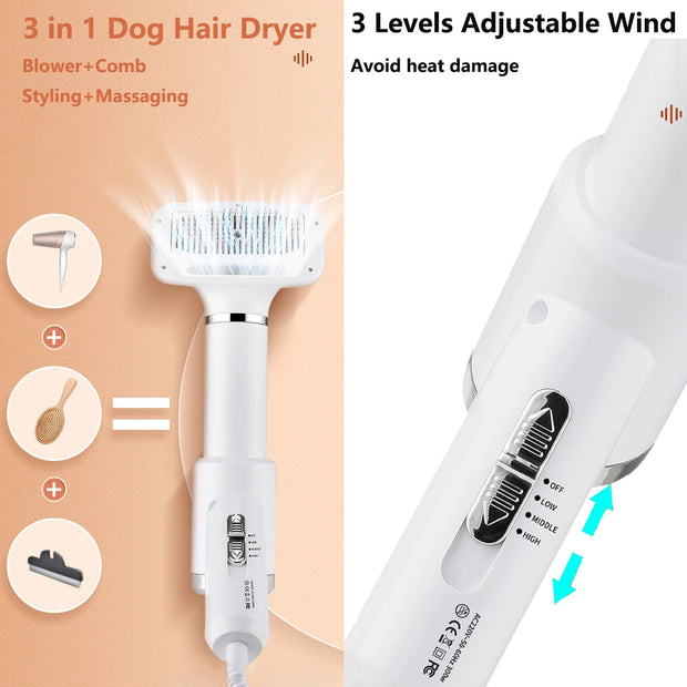 ABHI Portable Home Cats Dogs Pet Hair Brush & Dryer Blower for Furry Grooming, Adjustable 3 Temperatures, Rotate Detachable Comb