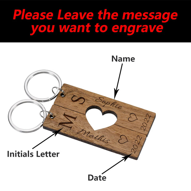 Wooden Engraved Keychain Personalized Date Letter Couple Keychains Customized Product Valentines Day Gift for Boyfriend Keyring