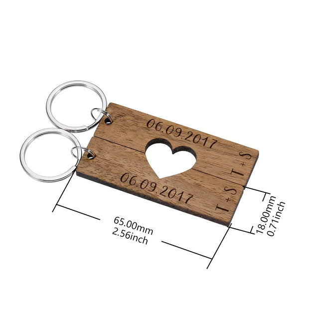 Wooden Engraved Keychain Personalized Date Letter Couple Keychains Customized Product Valentines Day Gift for Boyfriend Keyring