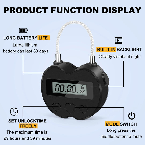 Smart Time Lock LCD Display Time Lock Multifunction Travel Electronic Timer, Waterproof USB Rechargeable Temporary Timer Padlock