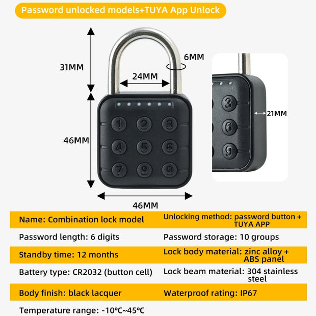 Tuya Smart Bluetooth Mini Password Fingerprint Padlock Waterproof Keyless Security Electronic Luggage Bag Case Anti-theft Lock