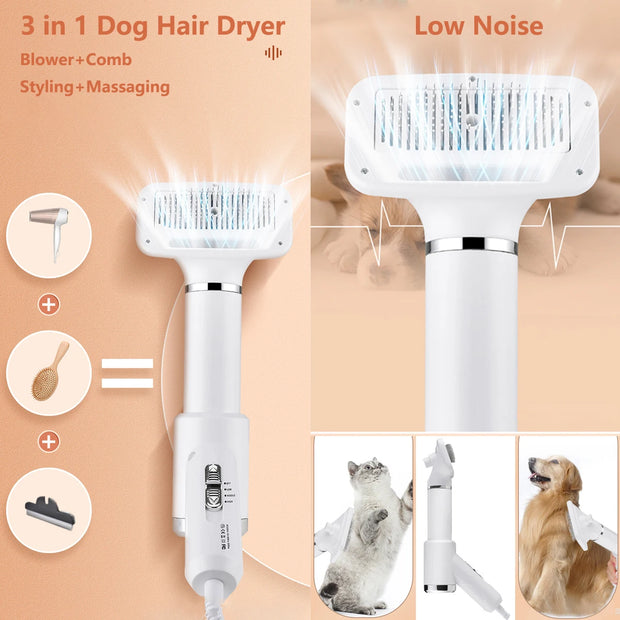 ABHI Portable Home Cats Dogs Pet Hair Brush & Dryer Blower for Furry Grooming, Adjustable 3 Temperatures, Rotate Detachable Comb