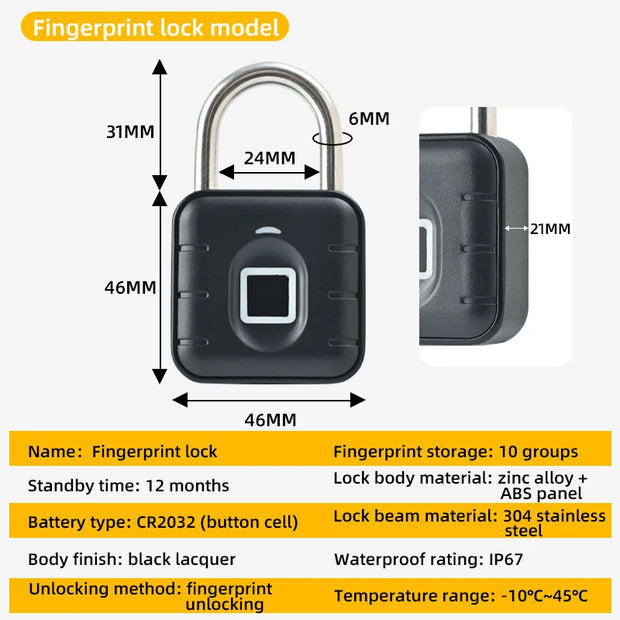 Smart Padlock Fingerprint Lock Waterproof IP67 USB Charge Quick Identification Unlock Finger Print Sensor High Quality Pad Locks