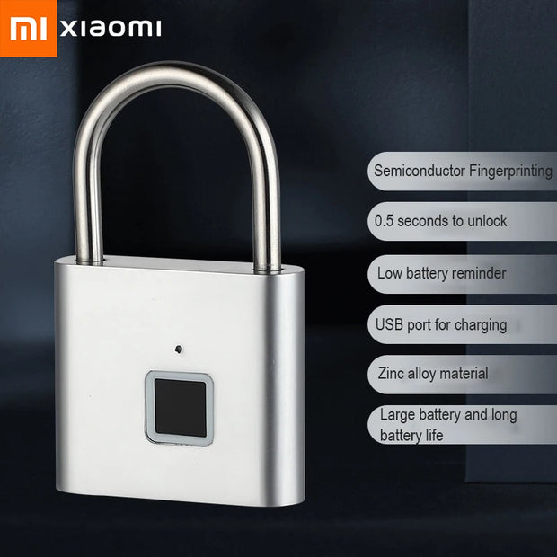 Xiaomi Fingerprint Padlock Smart USB Rechargeable Door Lock Waterproof Biometric Thumbprint Quick Unlock Zinc Alloy Door Padlock