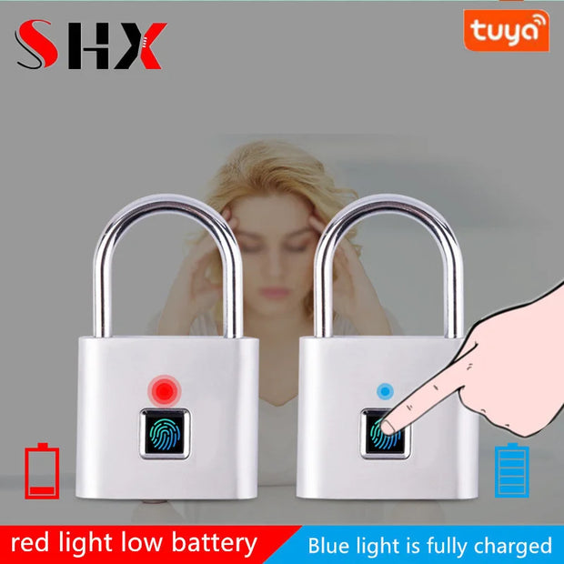 TUYA APP Smart Bluetooth 10 Fingerprint Door Lock Padlock Quick Unlock Zinc Alloy USB Rechargeable Locker Door Lock Black Silver