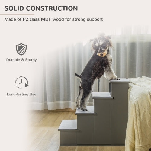 PawHut 4 Step Wooden Dog Steps Pet Stairs For Dogs, Cat Ladder For Bed Couch With Non-Slip Carpet 40 X 59 X 54.2 Cm, Grey