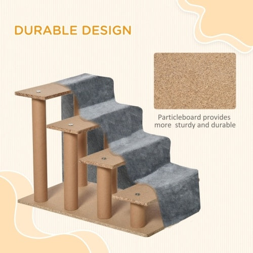 PawHut Four-Step Dog Stairs, With Washable Plush Cover, For High Bed Sofa, Dog Stairs For Small Dog And Cat - Light Grey