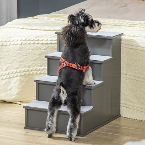 PawHut 4 Step Wooden Dog Steps Pet Stairs For Dogs, Cat Ladder For Bed Couch With Non-Slip Carpet 40 X 59 X 54.2 Cm, Grey